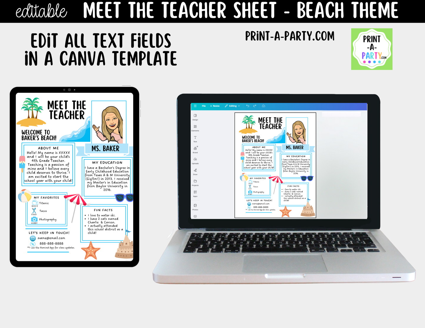 Meet the Teacher Beach Theme Canva Template | Editable Back to School Introduction