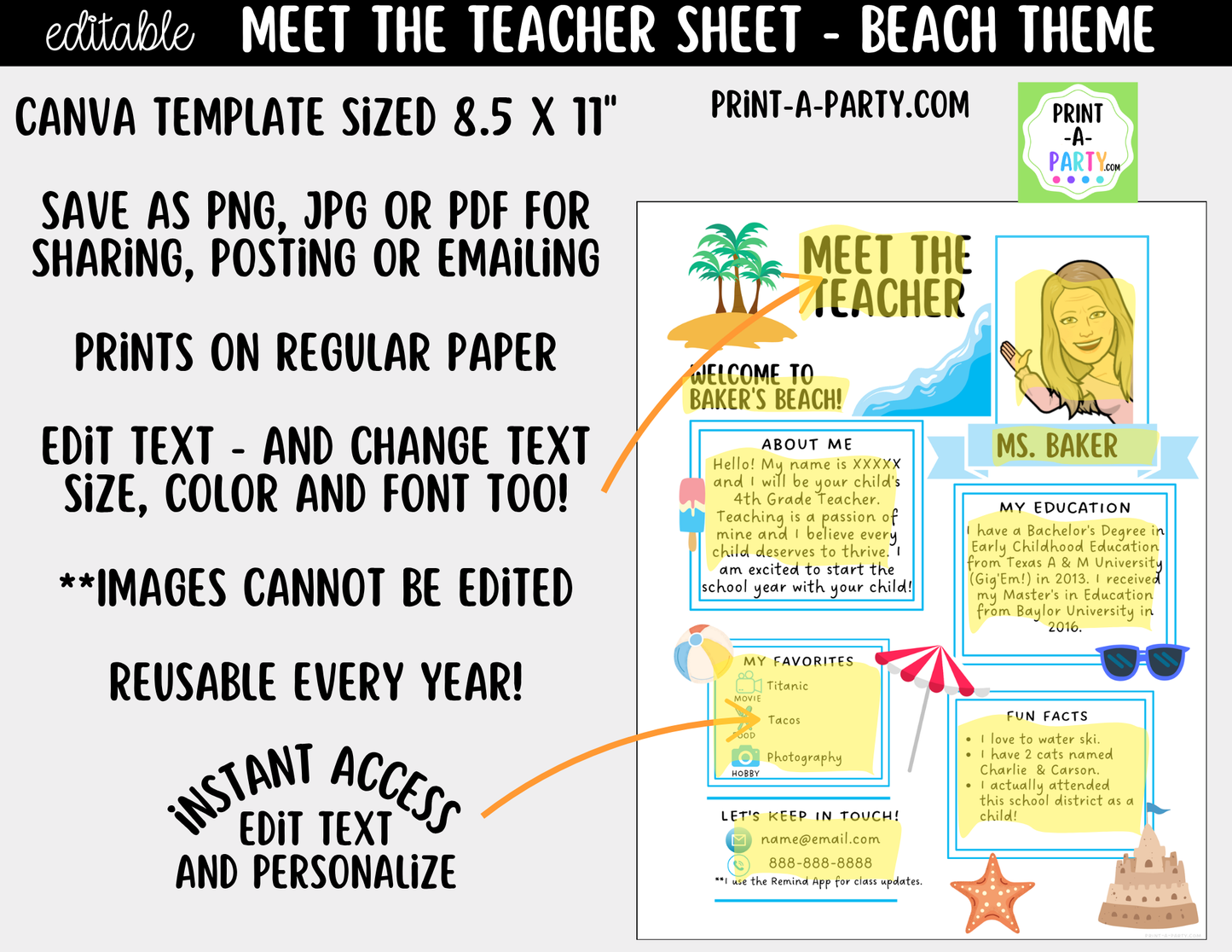 Meet the Teacher Beach Theme Canva Template | Editable Back to School Introduction