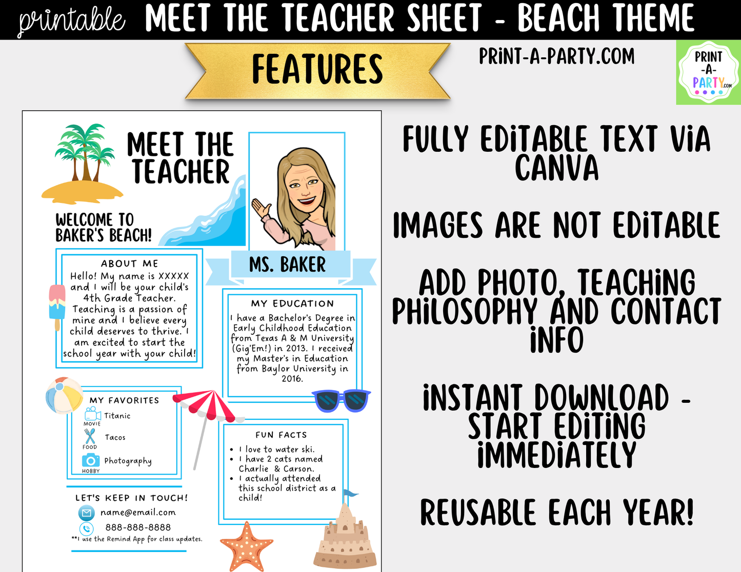 Meet the Teacher Beach Theme Canva Template | Editable Back to School Introduction