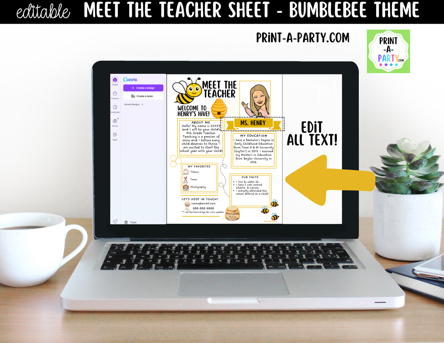 Meet the Teacher Bumblebee Theme Canva Template | Editable Back to School Introduction
