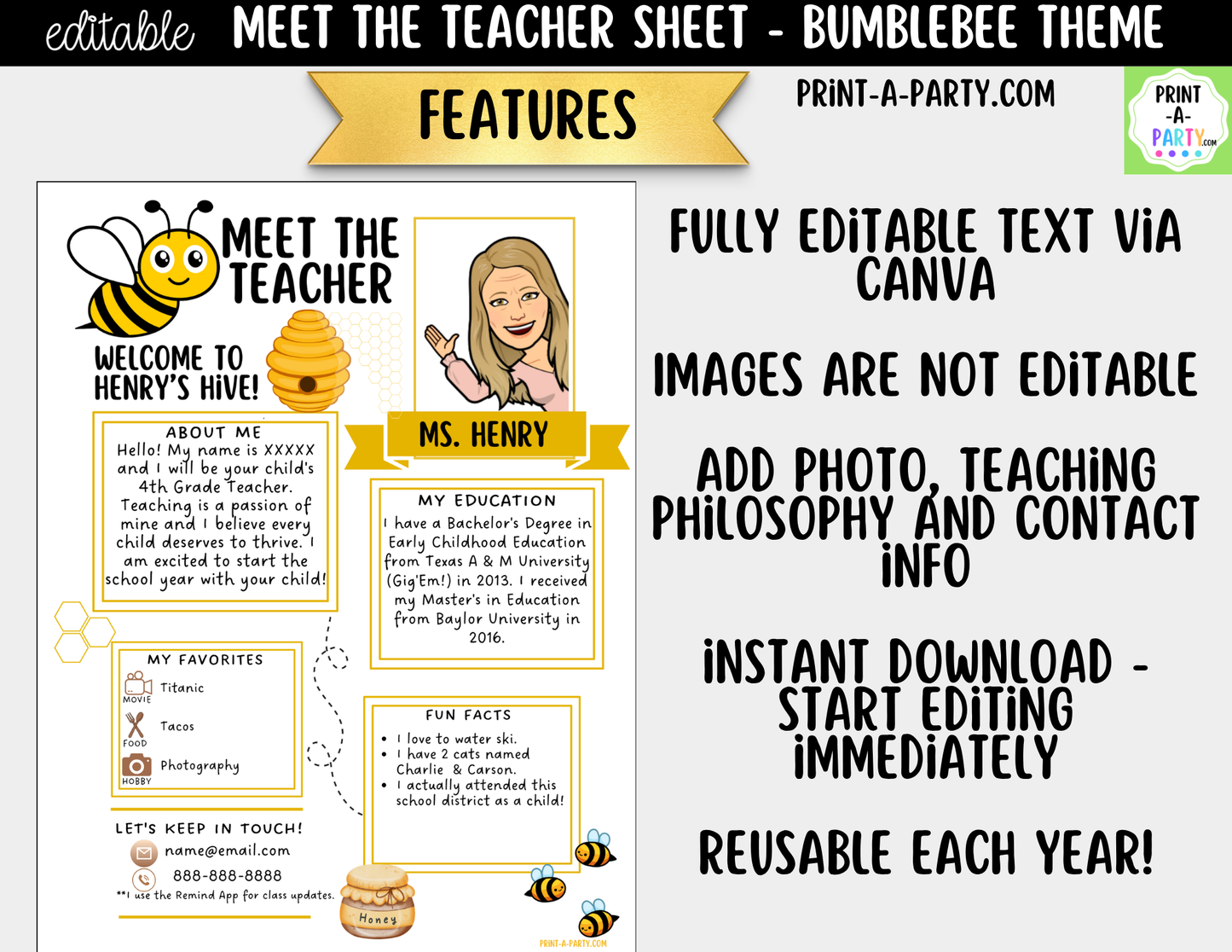 Meet the Teacher Bumblebee Theme Canva Template | Editable Back to School Introduction