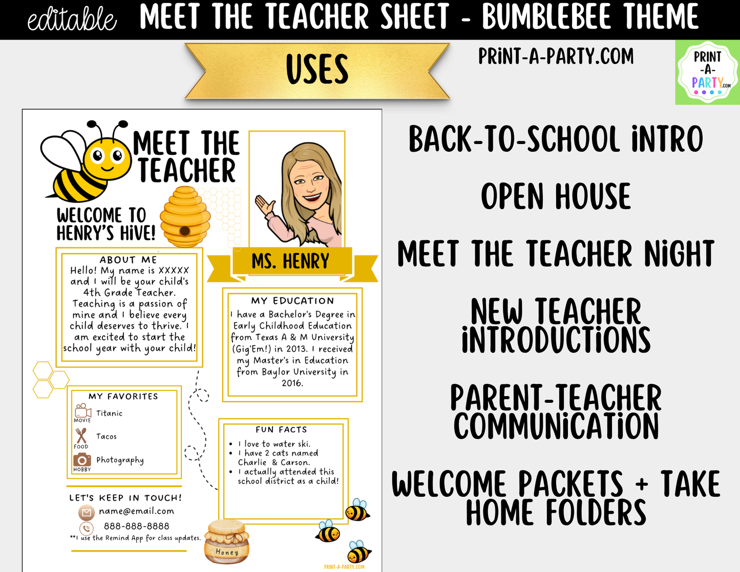 Meet the Teacher Bumblebee Theme Canva Template | Editable Back to School Introduction