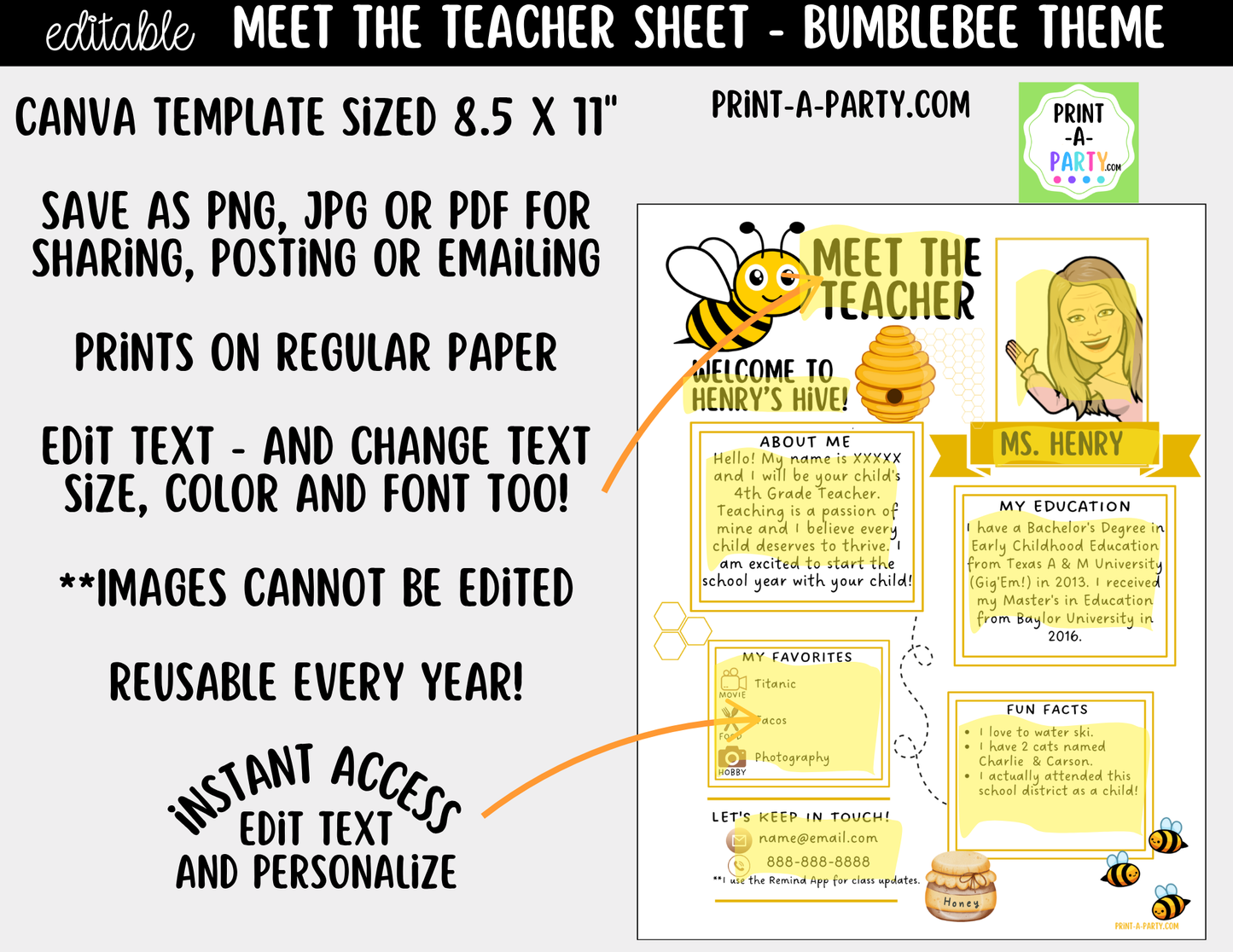 Meet the Teacher Bumblebee Theme Canva Template | Editable Back to School Introduction