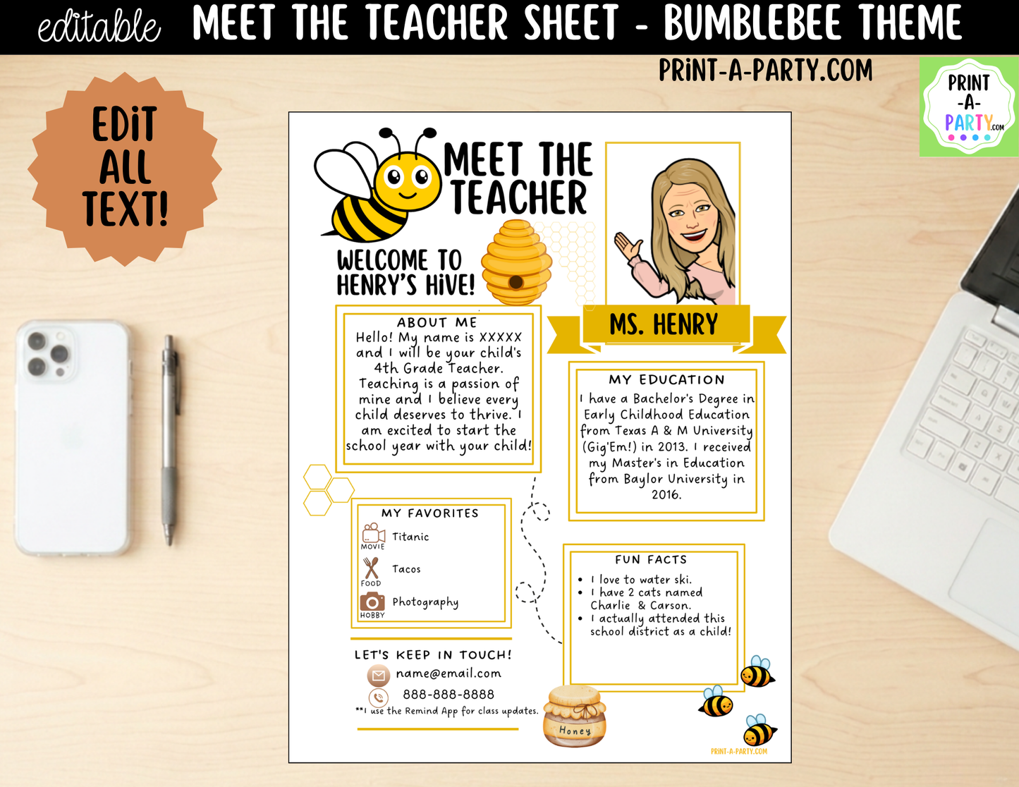 Meet the Teacher Bumblebee Theme Canva Template | Editable Back to School Introduction