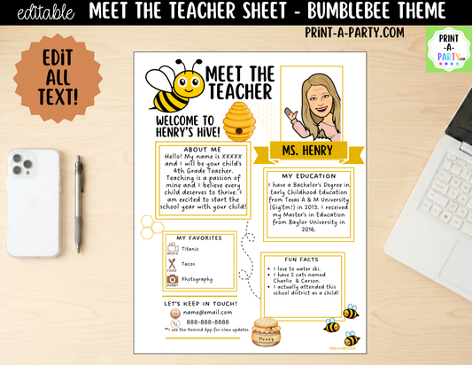 Meet the Teacher Bumblebee Theme Canva Template | Editable Back to School Introduction