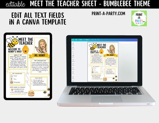 Meet the Teacher Bumblebee Theme Canva Template | Editable Back to School Introduction