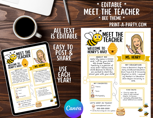 Meet the Teacher Editable Template – BEE Theme Printable for Teacher Introduction, Teacher Information, Back To School , First Day of School