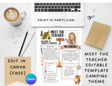 Meet the Teacher Editable Template CAMPING THEME | CAMPERS Themed Classroom | First Day of School Teacher Note | Back to School Welcome Letter | Teacher School First Day Template