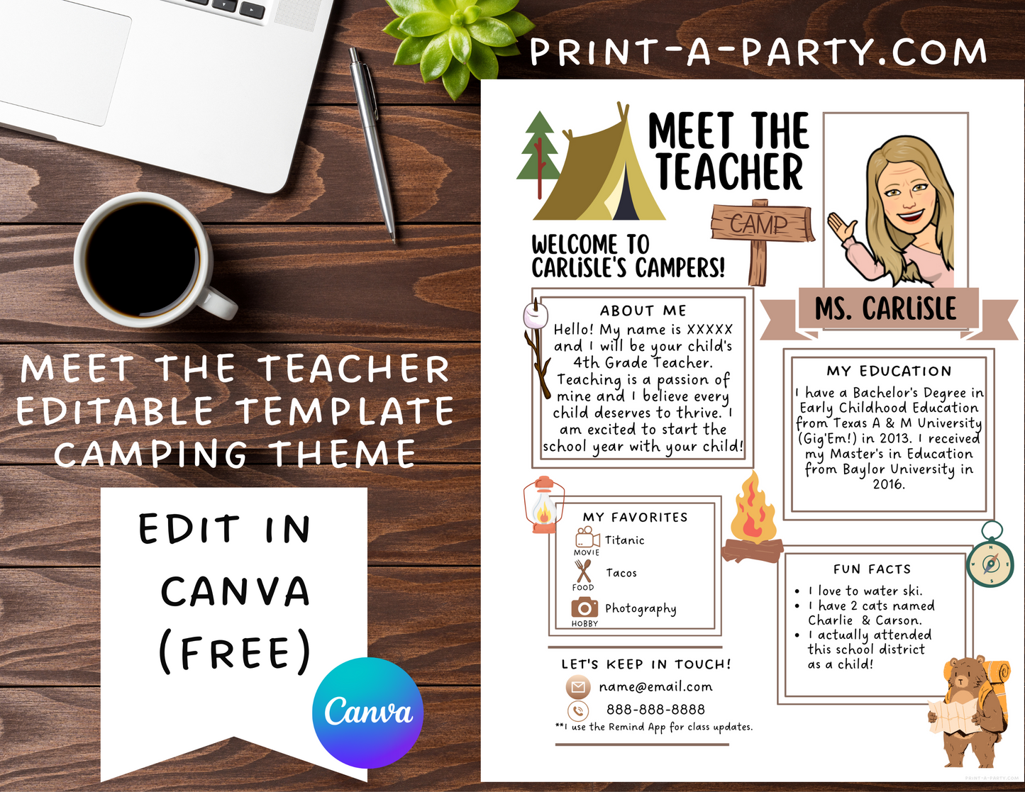 Meet the Teacher Editable Template CAMPING THEME | CAMPERS Themed Classroom | First Day of School Teacher Note | Back to School Welcome Letter | Teacher School First Day Template