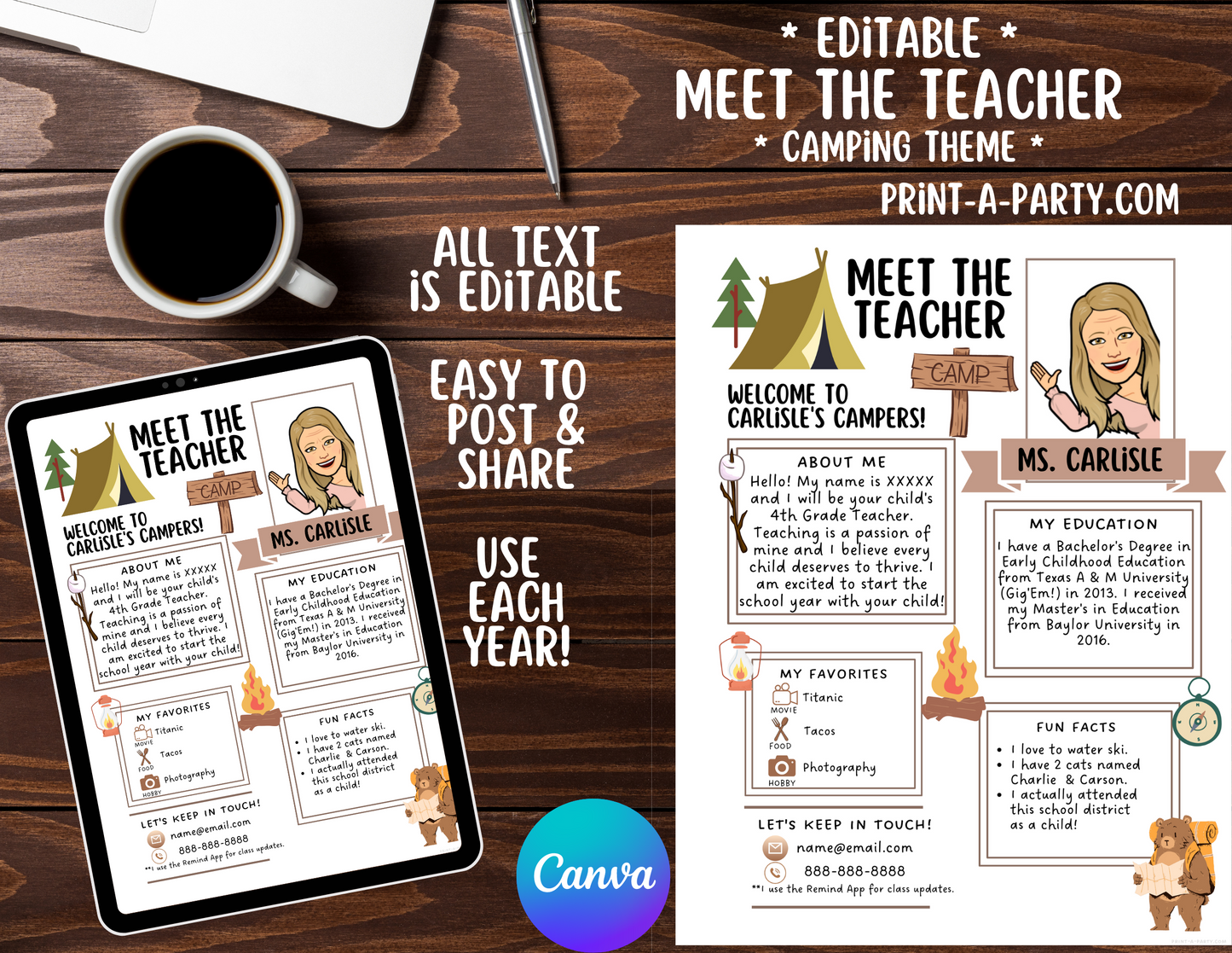 Meet the Teacher Editable Template CAMPING THEME | CAMPERS Themed Classroom | First Day of School Teacher Note | Back to School Welcome Letter | Teacher School First Day Template