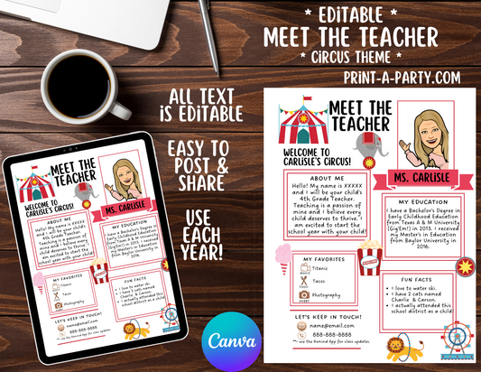 Meet the Teacher Editable Template CIRCUS THEME | CIRCUS Themed Classroom | First Day Teacher Note | Back to School Welcome | First Day Template