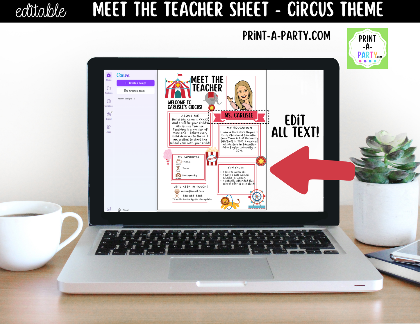 Meet the Teacher Circus Theme Canva Template | Editable Back to School Introduction