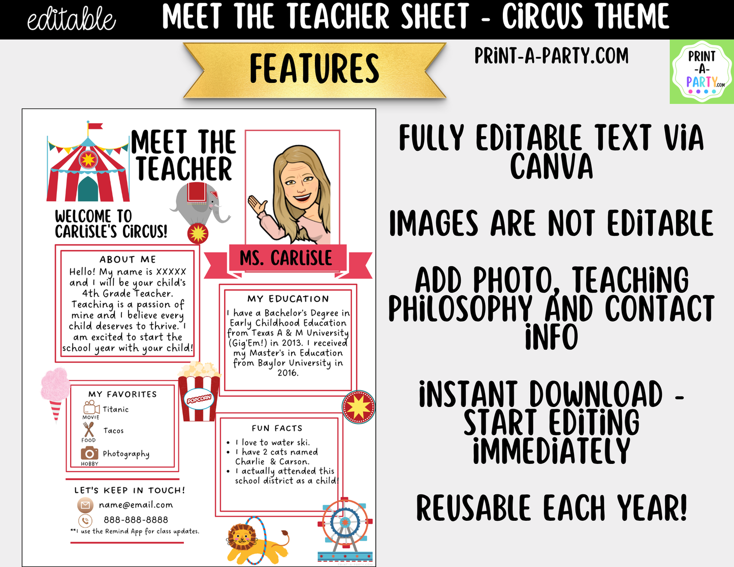 Meet the Teacher Circus Theme Canva Template | Editable Back to School Introduction