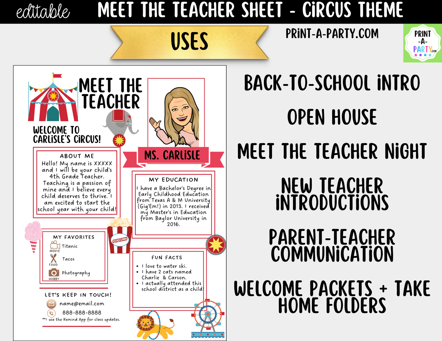 Meet the Teacher Circus Theme Canva Template | Editable Back to School Introduction