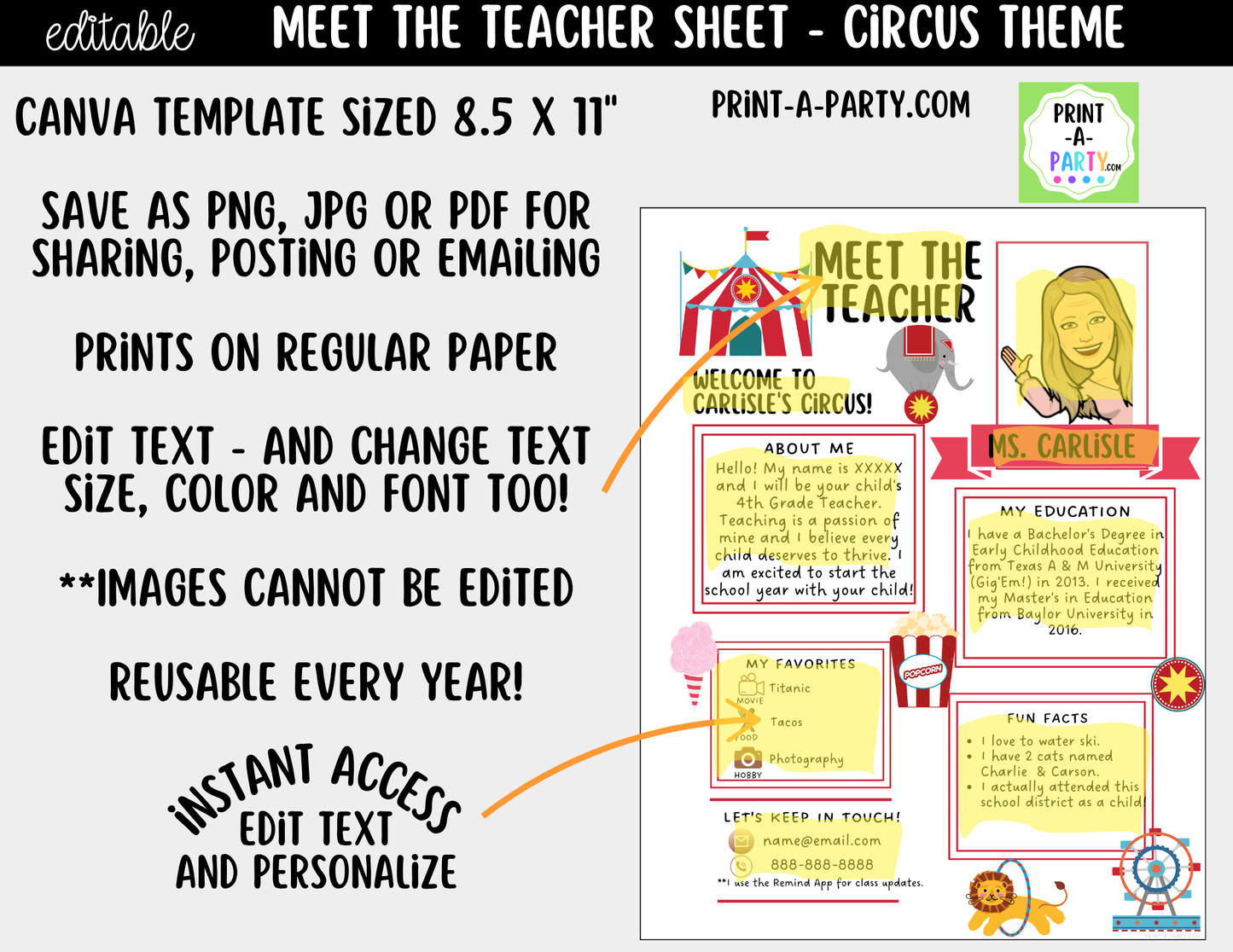 Meet the Teacher Circus Theme Canva Template | Editable Back to School Introduction