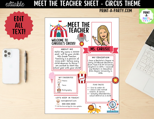 Meet the Teacher Circus Theme Canva Template | Editable Back to School Introduction