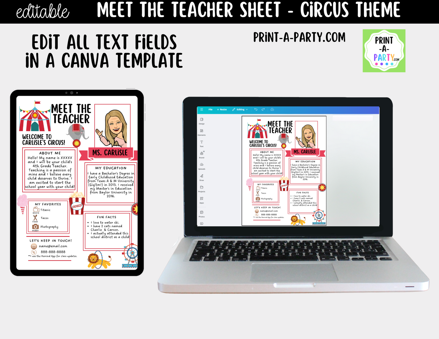 Meet the Teacher Circus Theme Canva Template | Editable Back to School Introduction
