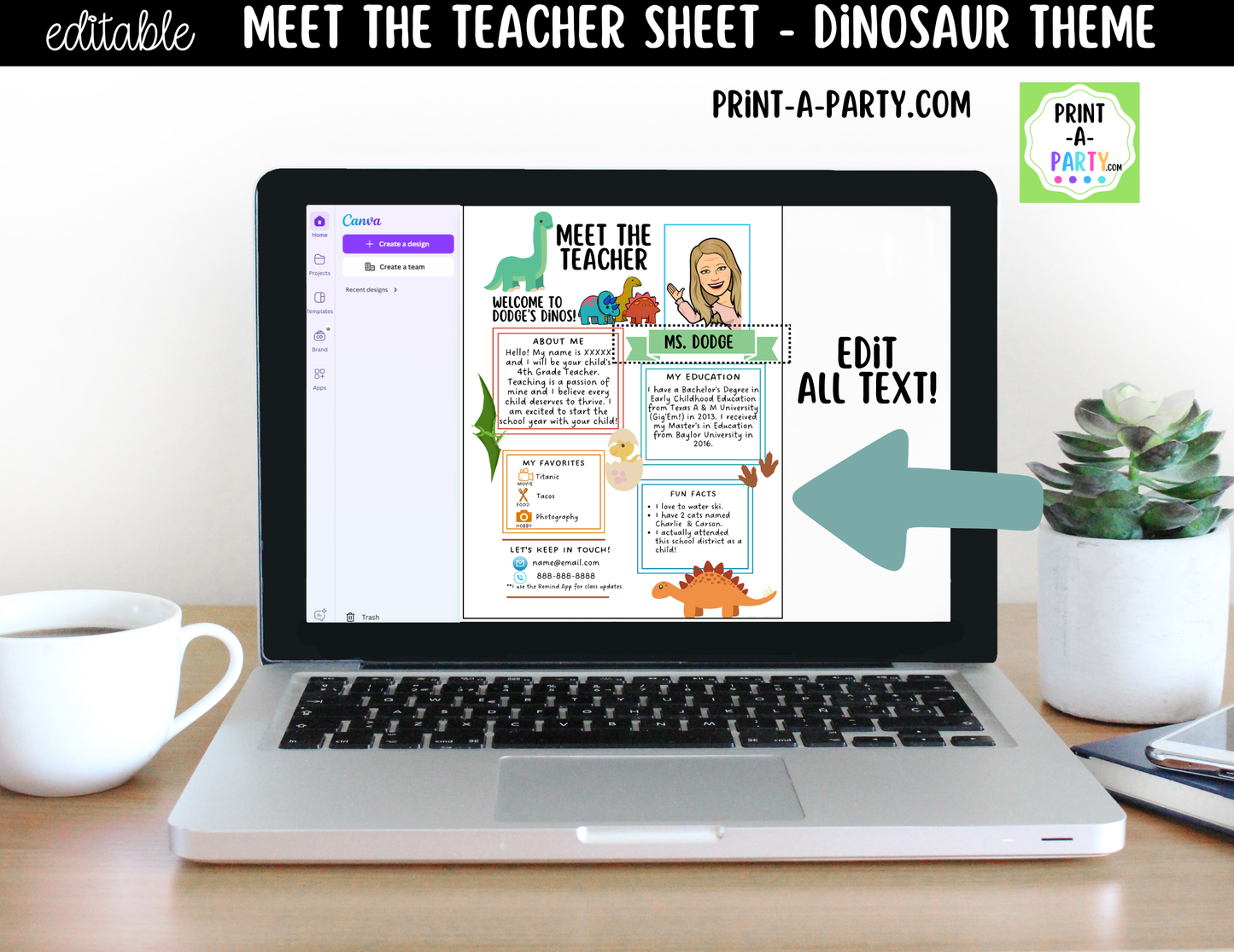 Meet the Teacher Dinosaur Theme Canva Template | Editable Back to School Introduction