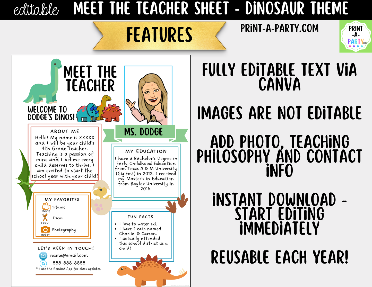 Meet the Teacher Dinosaur Theme Canva Template | Editable Back to School Introduction