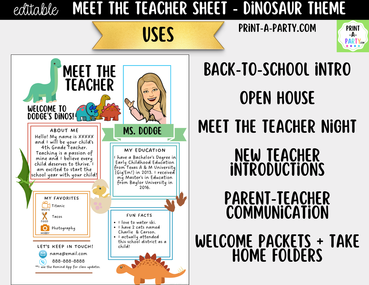 Meet the Teacher Dinosaur Theme Canva Template | Editable Back to School Introduction