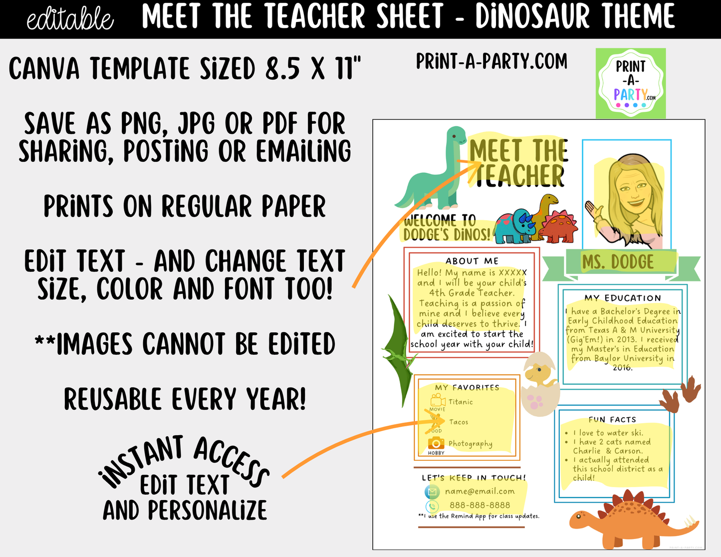 Meet the Teacher Dinosaur Theme Canva Template | Editable Back to School Introduction