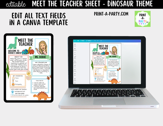 Meet the Teacher Dinosaur Theme Canva Template | Editable Back to School Introduction