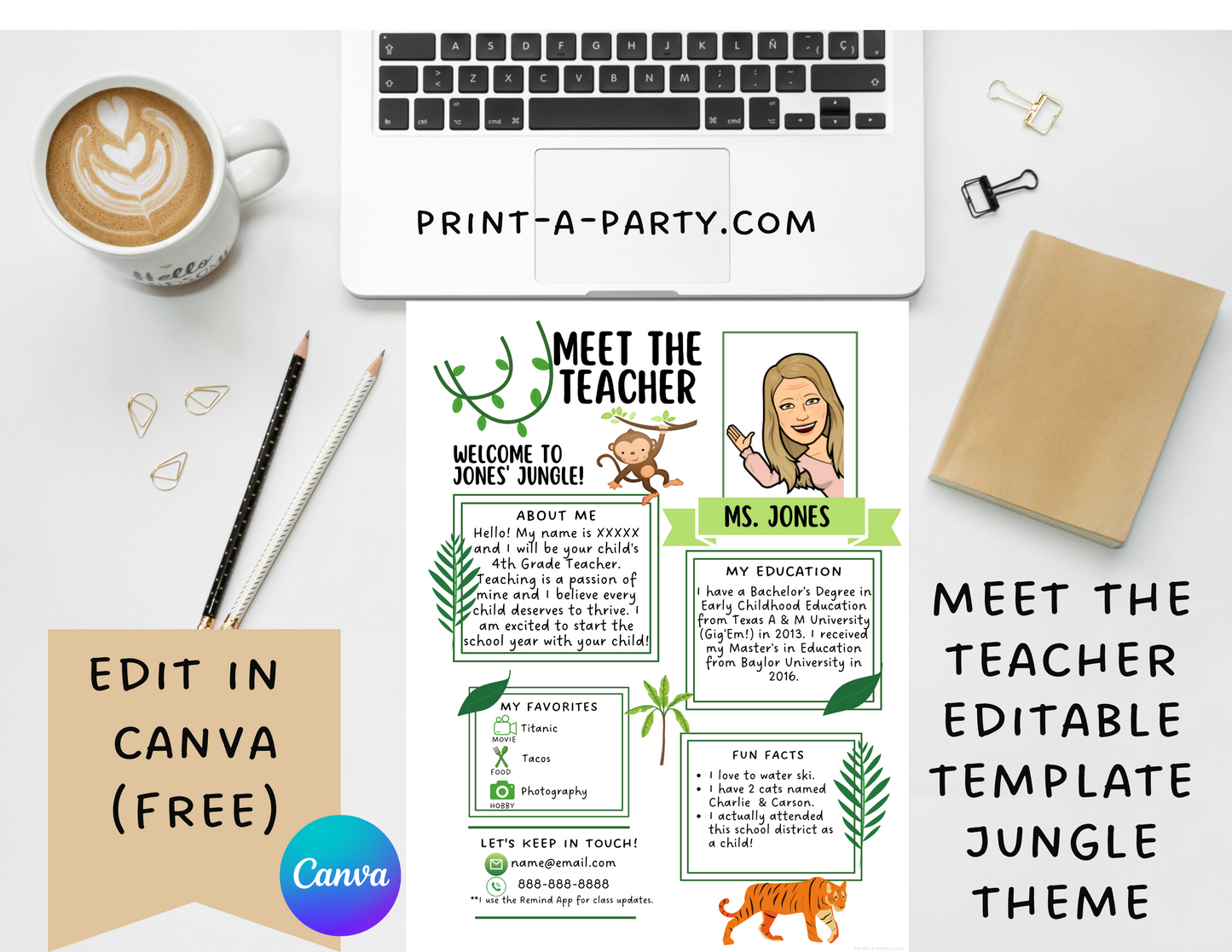 Meet the Teacher Editable Template JUNGLE THEME | Jungle Themed Classroom | First Day of School Teacher Note | Back to School Welcome Letter | Teacher School First Day Template