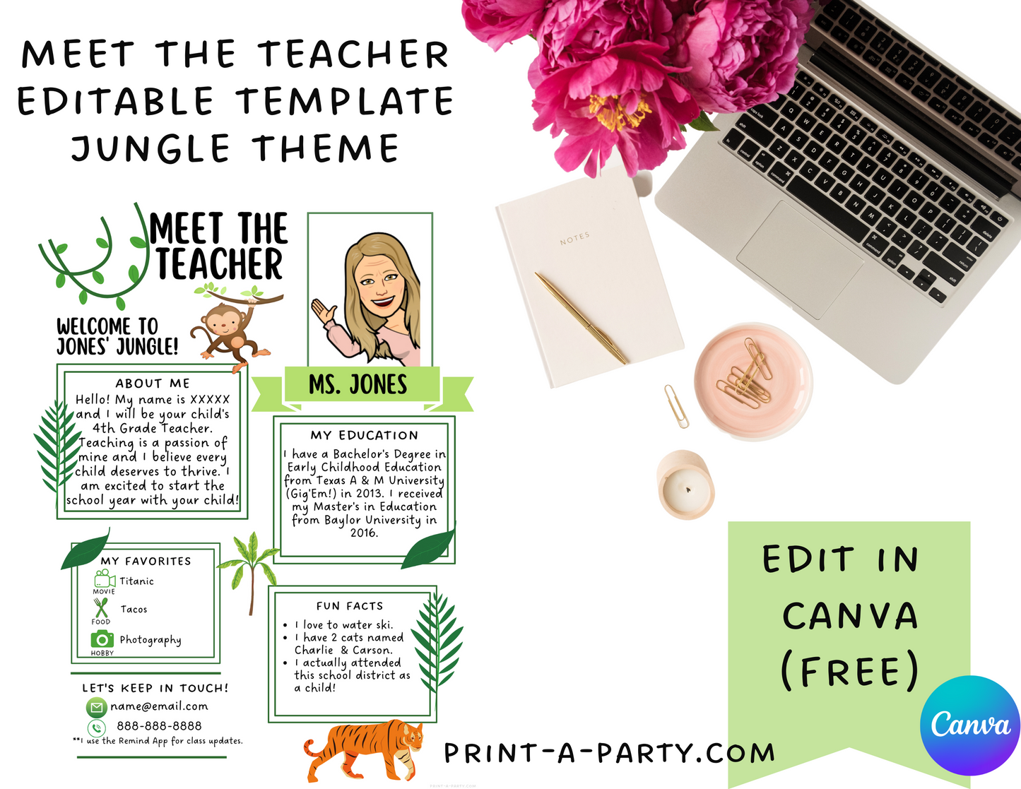 Meet the Teacher Editable Template JUNGLE THEME | Jungle Themed Classroom | First Day of School Teacher Note | Back to School Welcome Letter | Teacher School First Day Template