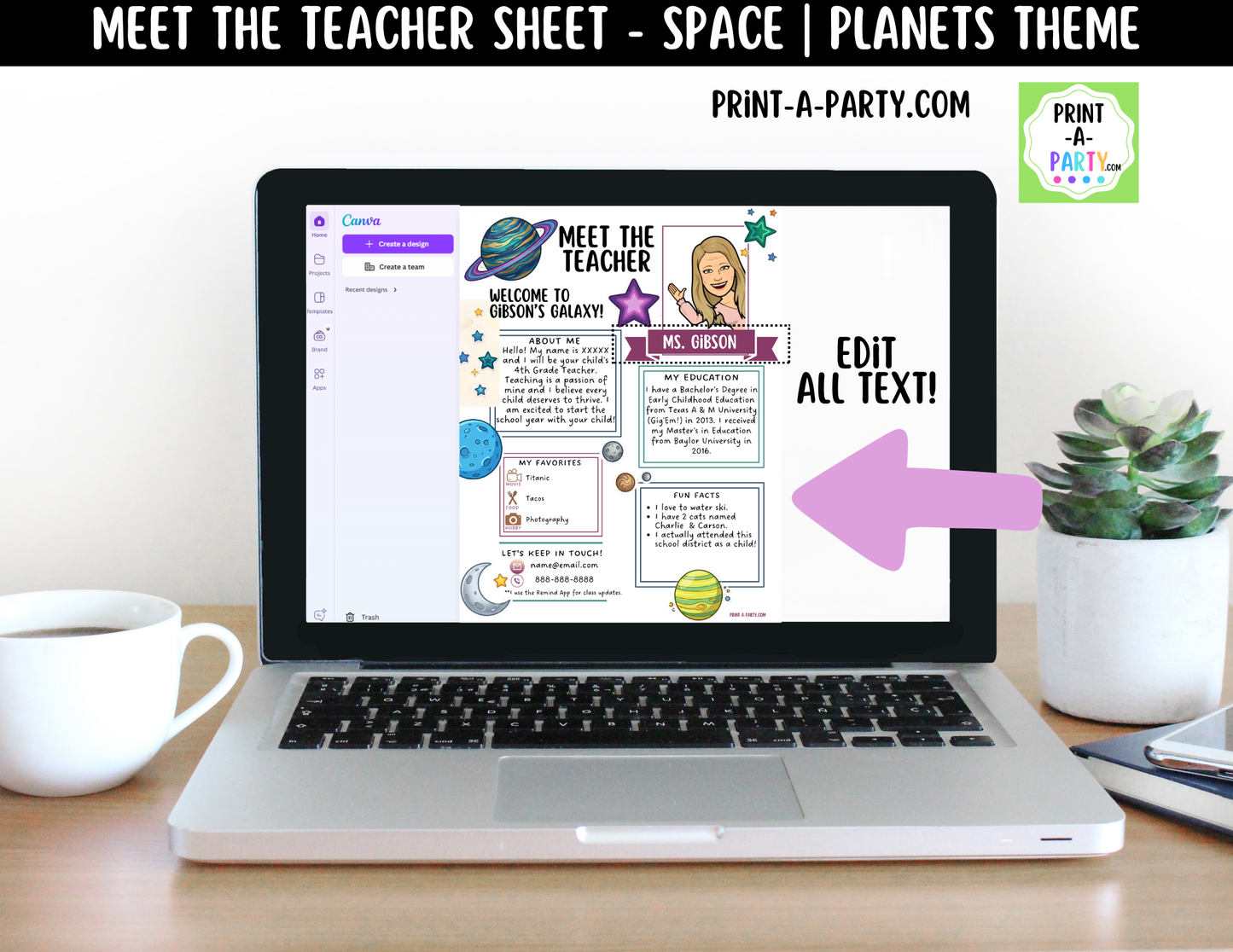 Meet the Teacher Space Planets Galaxy Theme Canva Template | Editable Back to School Introduction