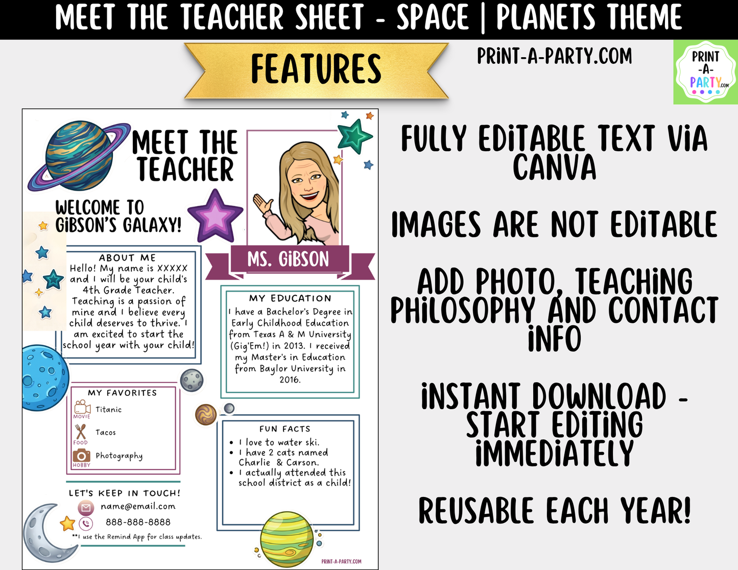 Meet the Teacher Space Planets Galaxy Theme Canva Template | Editable Back to School Introduction