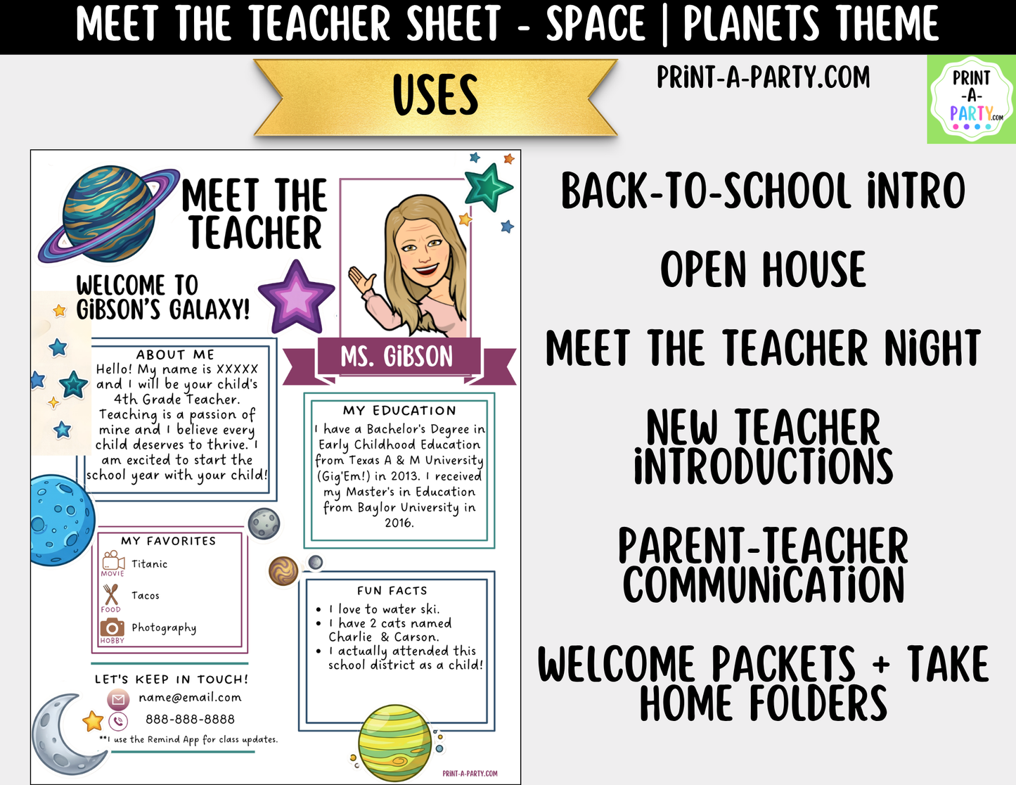 Meet the Teacher Space Planets Galaxy Theme Canva Template | Editable Back to School Introduction