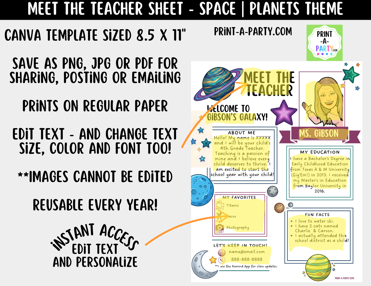 Meet the Teacher Space Planets Galaxy Theme Canva Template | Editable Back to School Introduction
