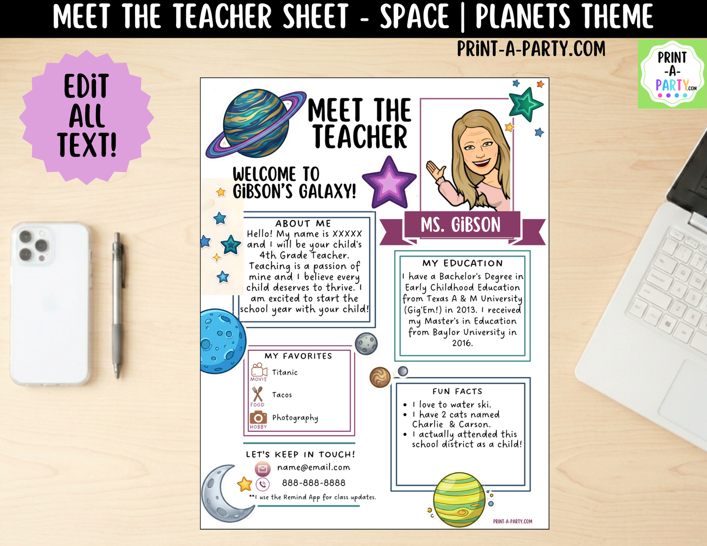 Meet the Teacher Space Planets Galaxy Theme Canva Template | Editable Back to School Introduction