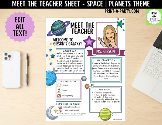 Meet the Teacher Space Planets Galaxy Theme Canva Template | Editable Back to School Introduction