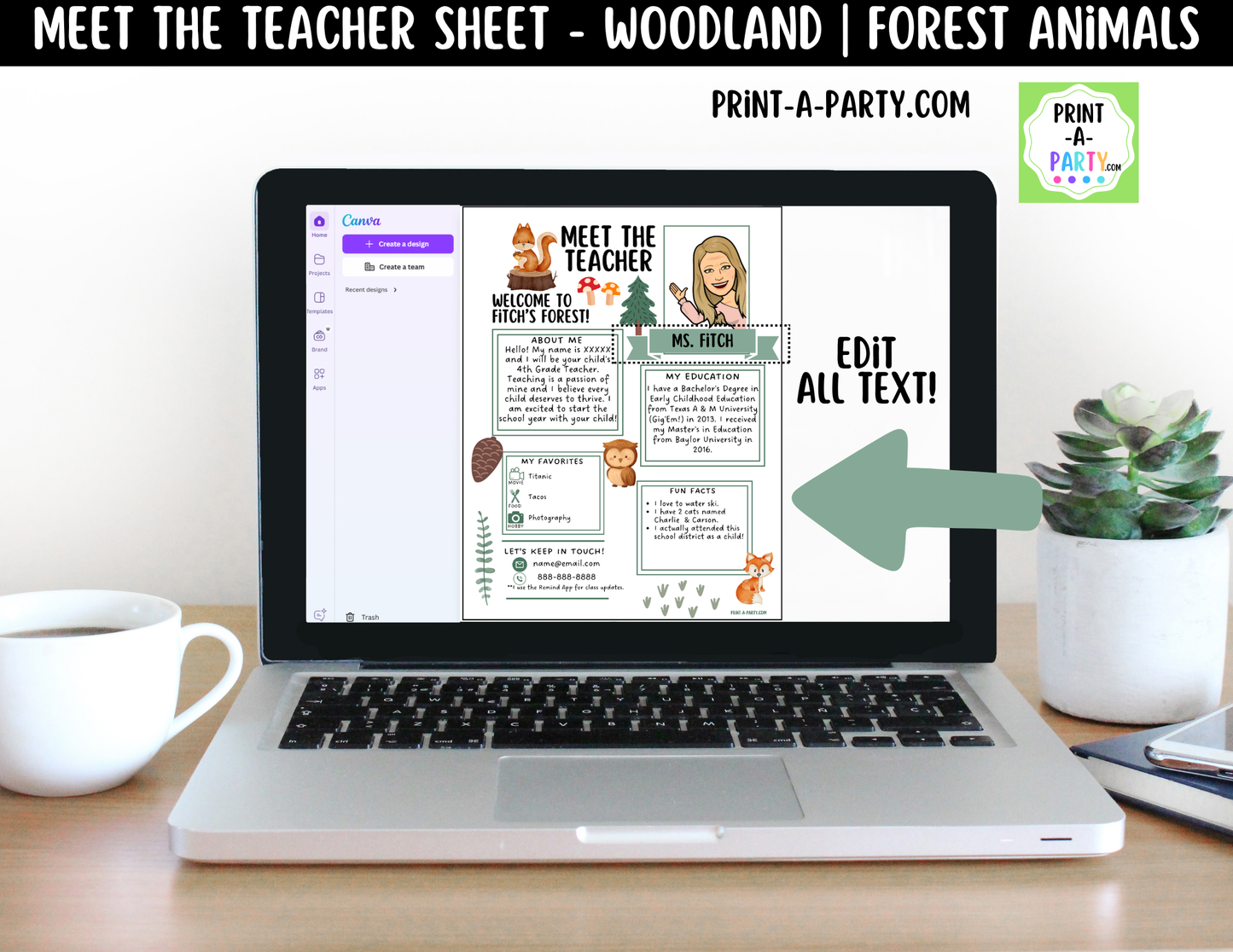 Meet the Teacher Woodland Theme Canva Template | Editable Back to School Introduction Forest Animals