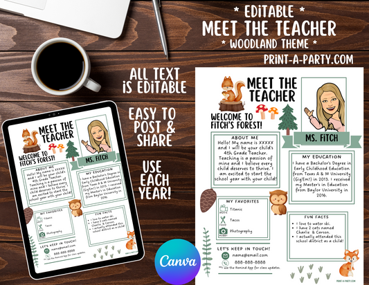 Meet the Teacher Editable Template – WOODLAND Theme Printable for Teacher Introduction, Teacher Information, Back To School , First Day of School