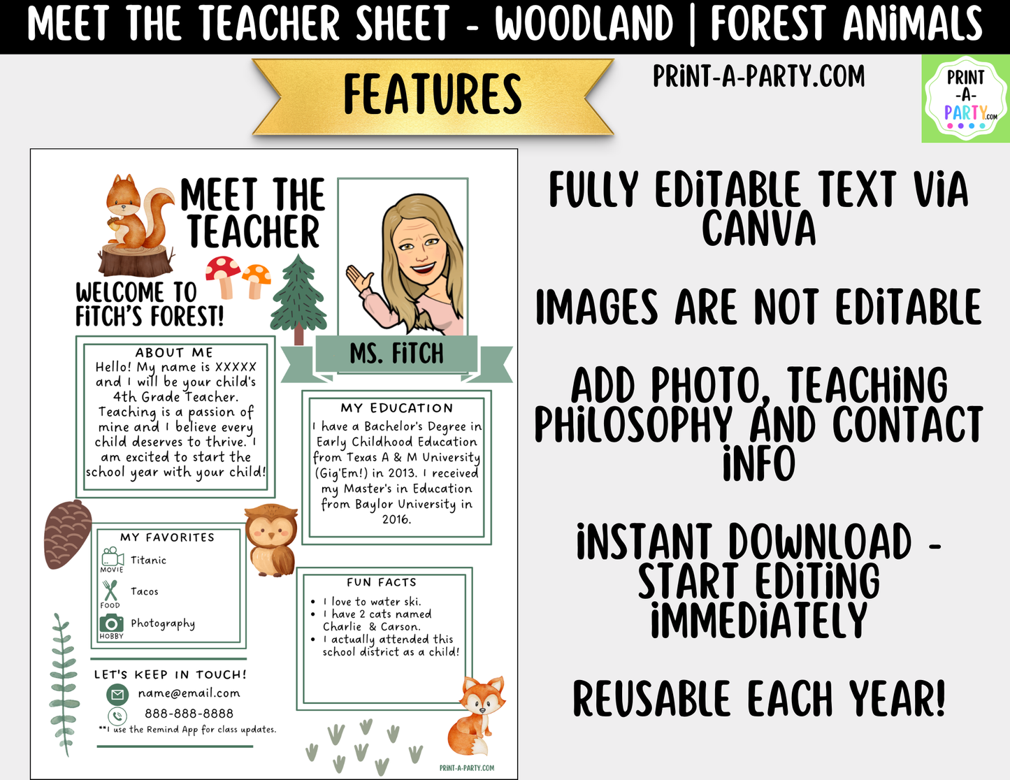 Meet the Teacher Woodland Theme Canva Template | Editable Back to School Introduction Forest Animals