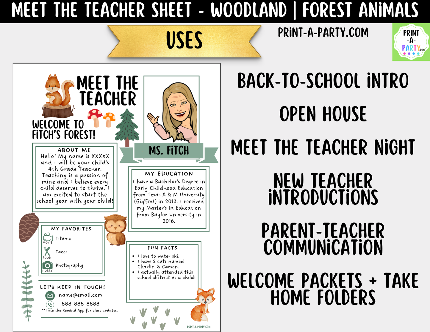 Meet the Teacher Woodland Theme Canva Template | Editable Back to School Introduction Forest Animals