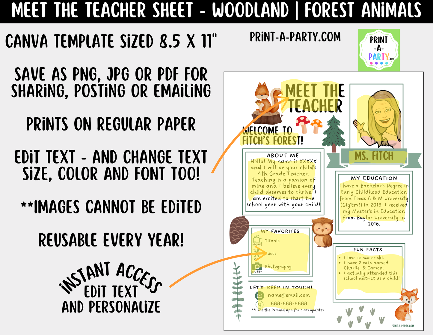 Meet the Teacher Woodland Theme Canva Template | Editable Back to School Introduction Forest Animals