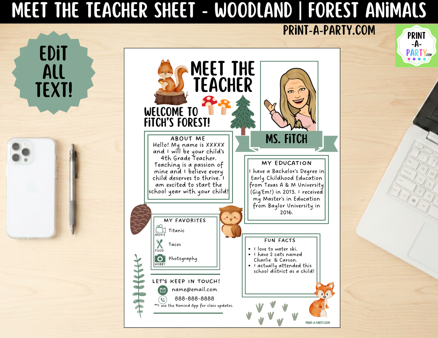 Meet the Teacher Woodland Theme Canva Template | Editable Back to School Introduction Forest Animals