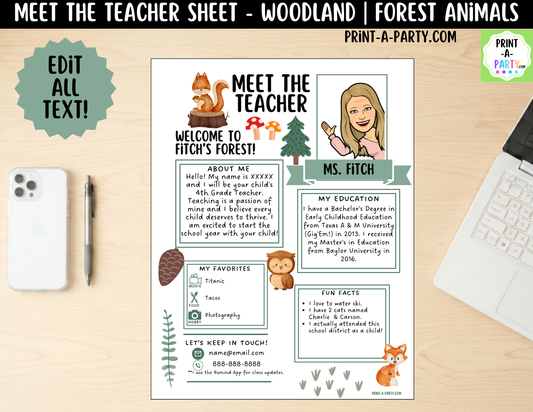 Meet the Teacher Woodland Theme Canva Template | Editable Back to School Introduction Forest Animals