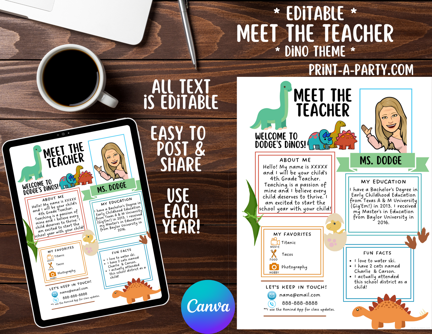 Meet the Teacher Editable Template DINOSAUR THEME | DINO Themed Classroom | First Day of School Teacher Note | Back to School Welcome Letter | Teacher School First Day Template