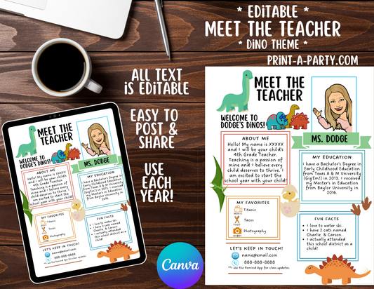 Meet the Teacher Editable Template DINOSAUR THEME | DINO Themed Classroom | First Day of School Teacher Note | Back to School Welcome Letter | Teacher School First Day Template