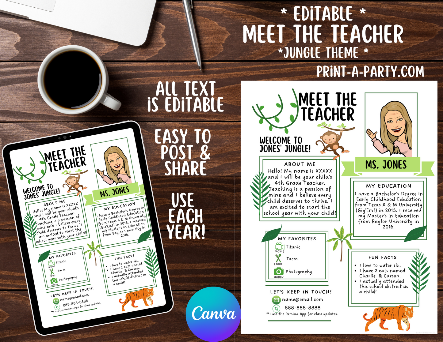 Meet the Teacher Editable Template JUNGLE THEME | Jungle Themed Classroom | First Day of School Teacher Note | Back to School Welcome Letter | Teacher School First Day Template