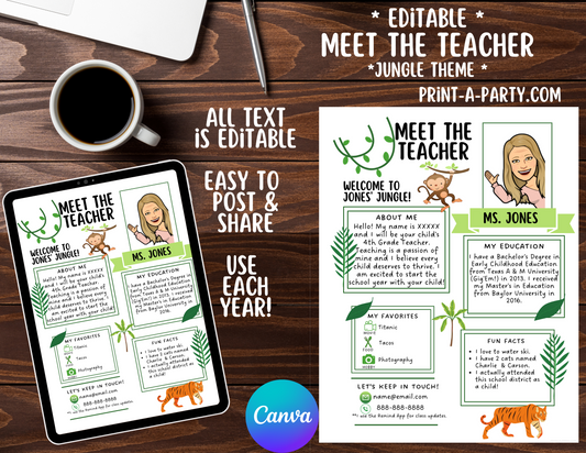 Meet the Teacher Editable Template JUNGLE THEME | Jungle Themed Classroom | First Day of School Teacher Note | Back to School Welcome Letter | Teacher School First Day Template