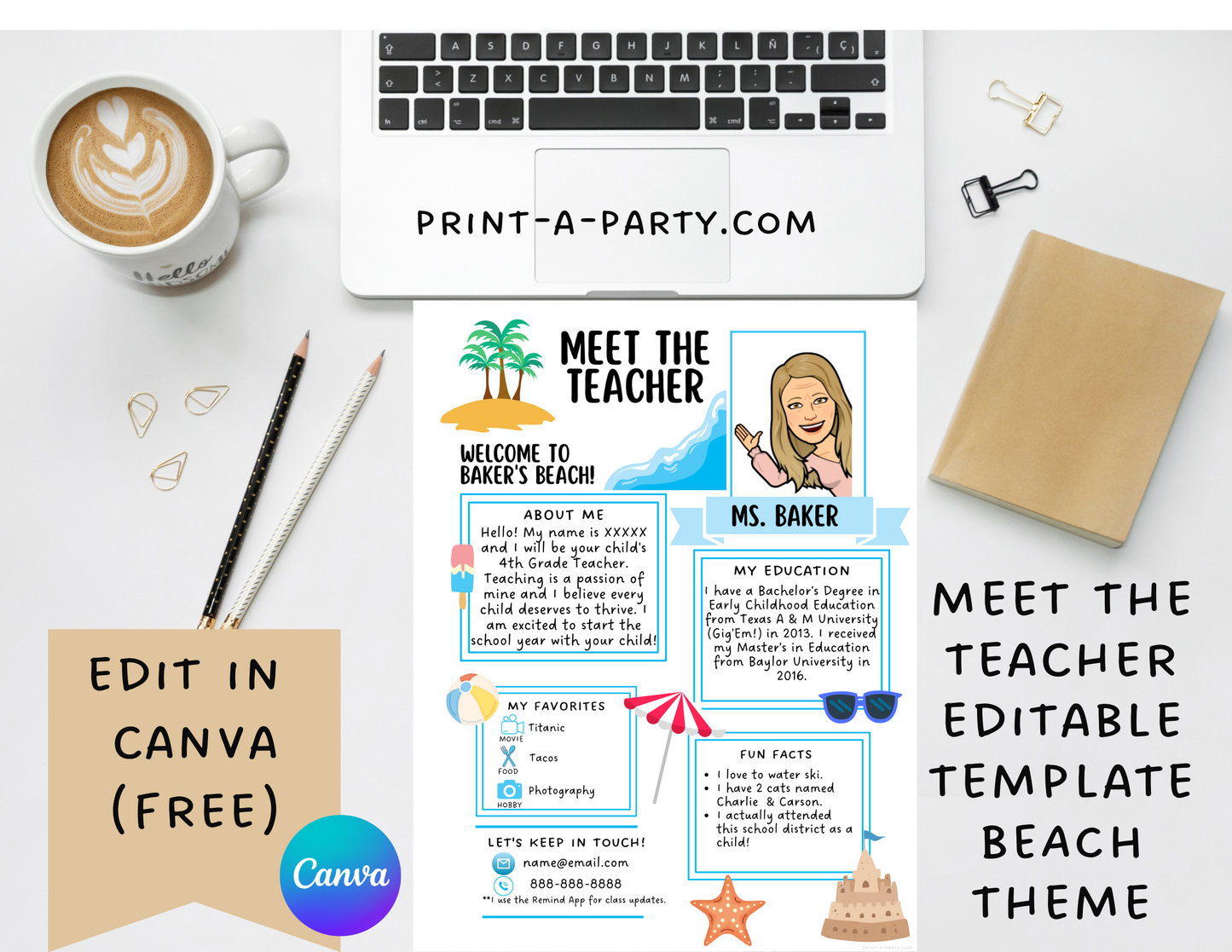 Meet the Teacher Editable Template BEACH THEME | Beach Themed Classroom | First Day of School Teacher Note | Back to School Welcome Letter | Teacher School First Day Template