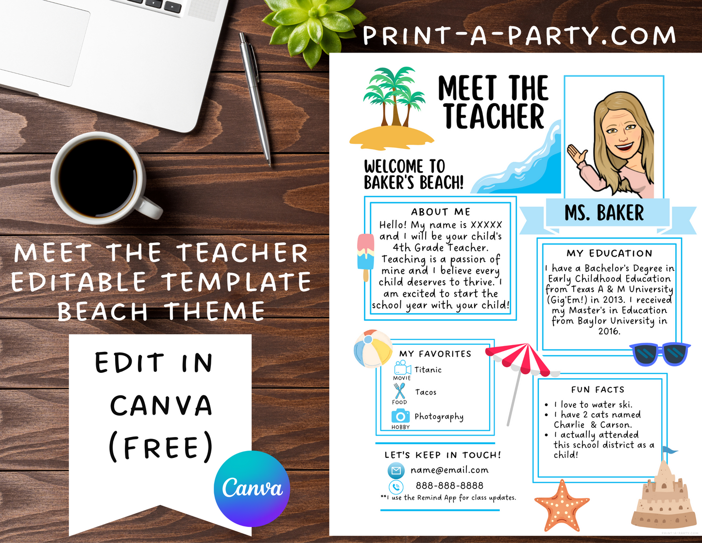 Meet the Teacher Editable Template BEACH THEME | Beach Themed Classroom | First Day of School Teacher Note | Back to School Welcome Letter | Teacher School First Day Template