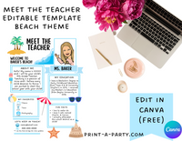 Meet the Teacher Editable Template BEACH THEME | Beach Themed Classroom | First Day of School Teacher Note | Back to School Welcome Letter | Teacher School First Day Template