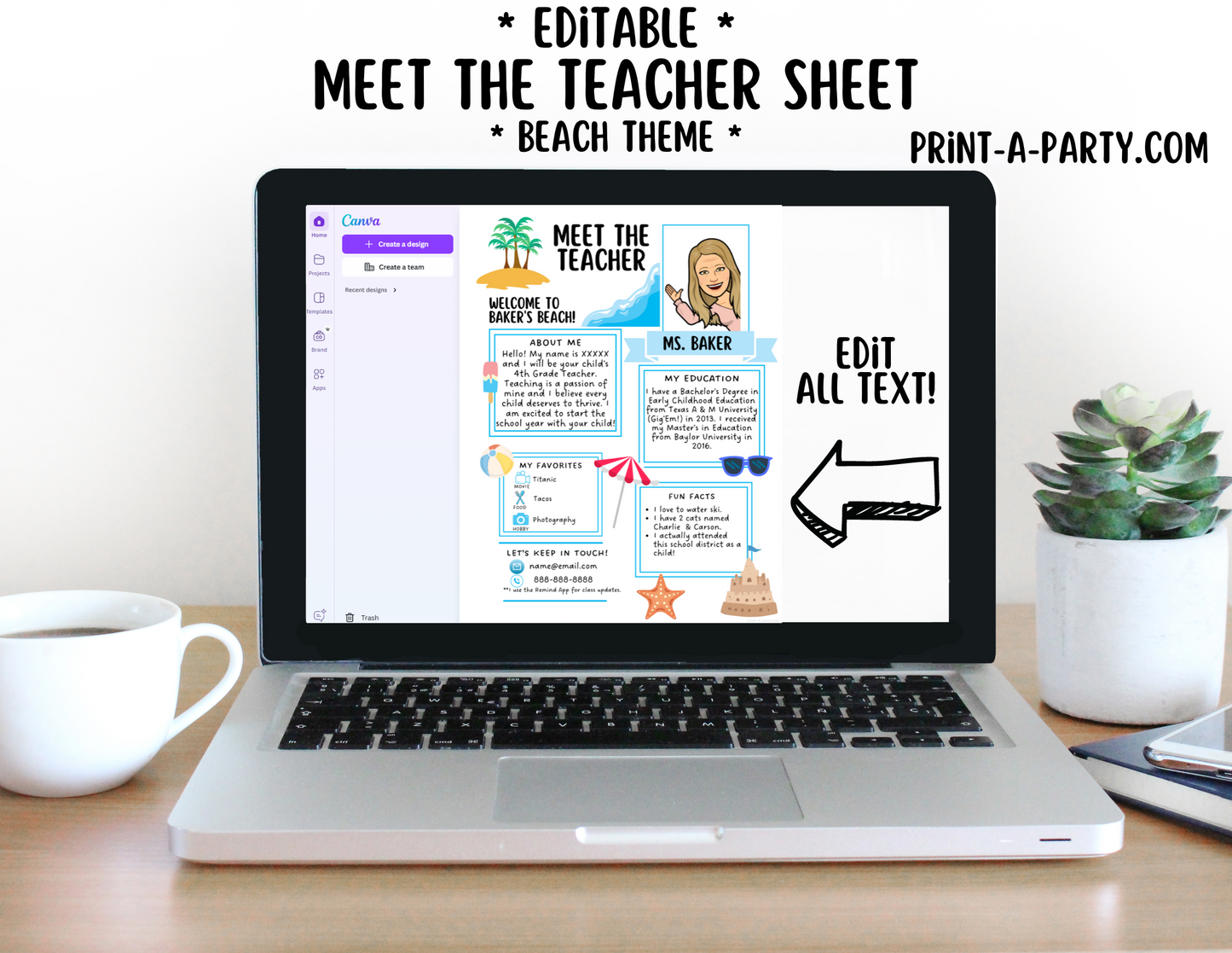 Meet the Teacher Editable Template BEACH THEME | Beach Themed Classroom | First Day of School Teacher Note | Back to School Welcome Letter | Teacher School First Day Template