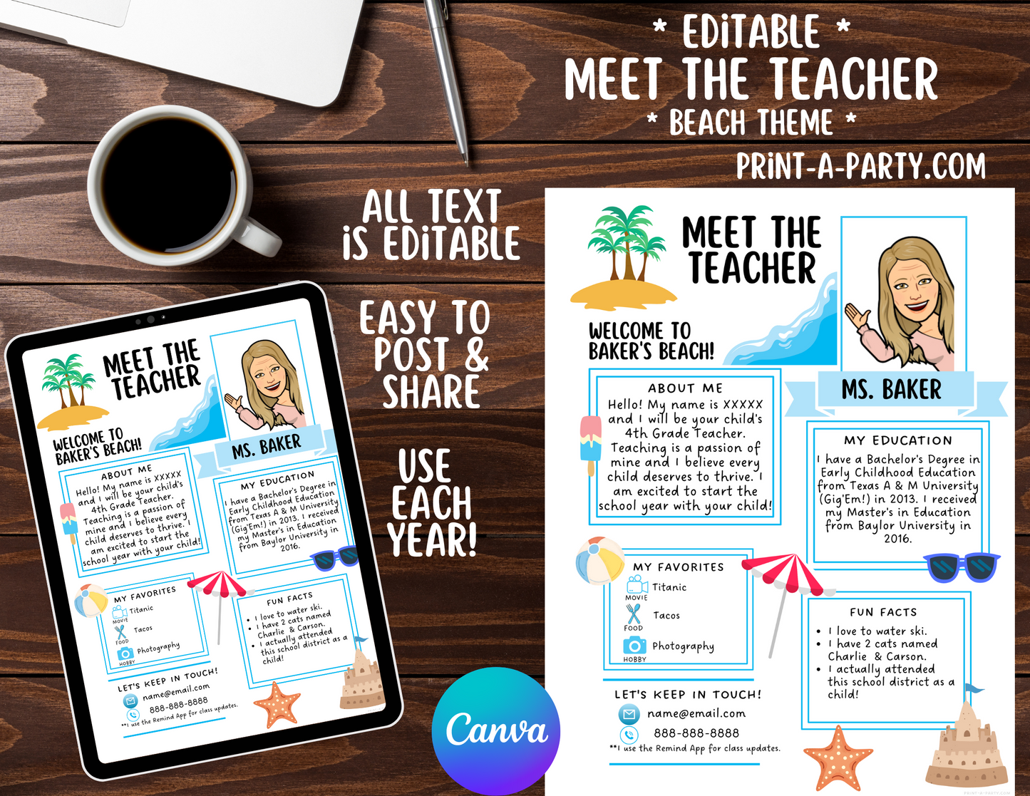 Meet the Teacher Editable Template BEACH THEME | Beach Themed Classroom | First Day of School Teacher Note | Back to School Welcome Letter | Teacher School First Day Template